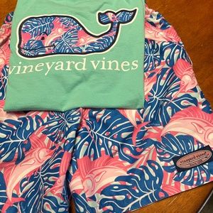 Vineyard vines swim trunks and ss tshirt.  Boys.